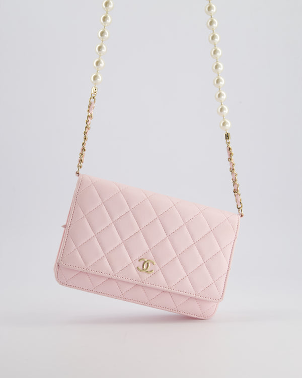 *HOT* Chanel Baby Pink Wallet on Chain in Lambskin Leather with Pearl Strap