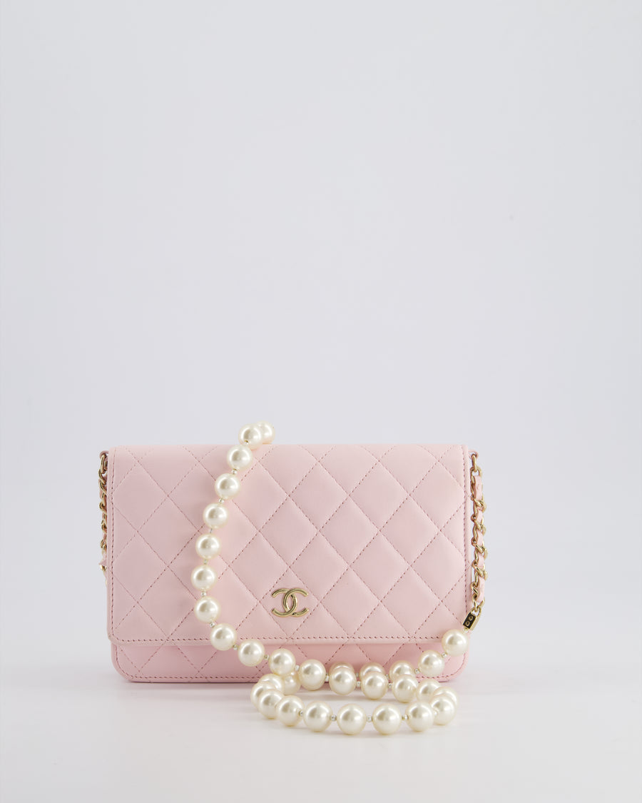 *HOT* Chanel Baby Pink Wallet on Chain in Lambskin Leather with Pearl Strap