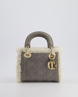 Christian Dior Grey Mini Lady Dior in Suede and Sheepskin Trim with Champagne Gold Hardware