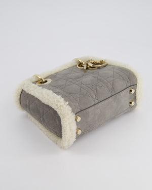 Christian Dior Grey Mini Lady Dior in Suede and Sheepskin Trim with Champagne Gold Hardware