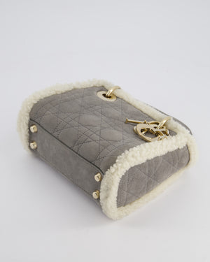 Christian Dior Grey Mini Lady Dior in Suede and Sheepskin Trim with Champagne Gold Hardware