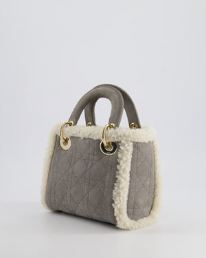 Christian Dior Grey Mini Lady Dior in Suede and Sheepskin Trim with Champagne Gold Hardware