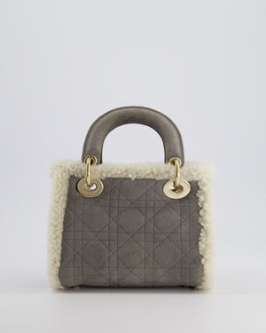 Christian Dior Grey Mini Lady Dior in Suede and Sheepskin Trim with Champagne Gold Hardware