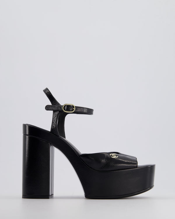 Chanel Black Shiny Calfskin Platform High Sandal with CC Logo EU 38.5C