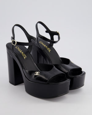 Chanel Black Shiny Calfskin Platform High Sandal with CC Logo EU 38.5C