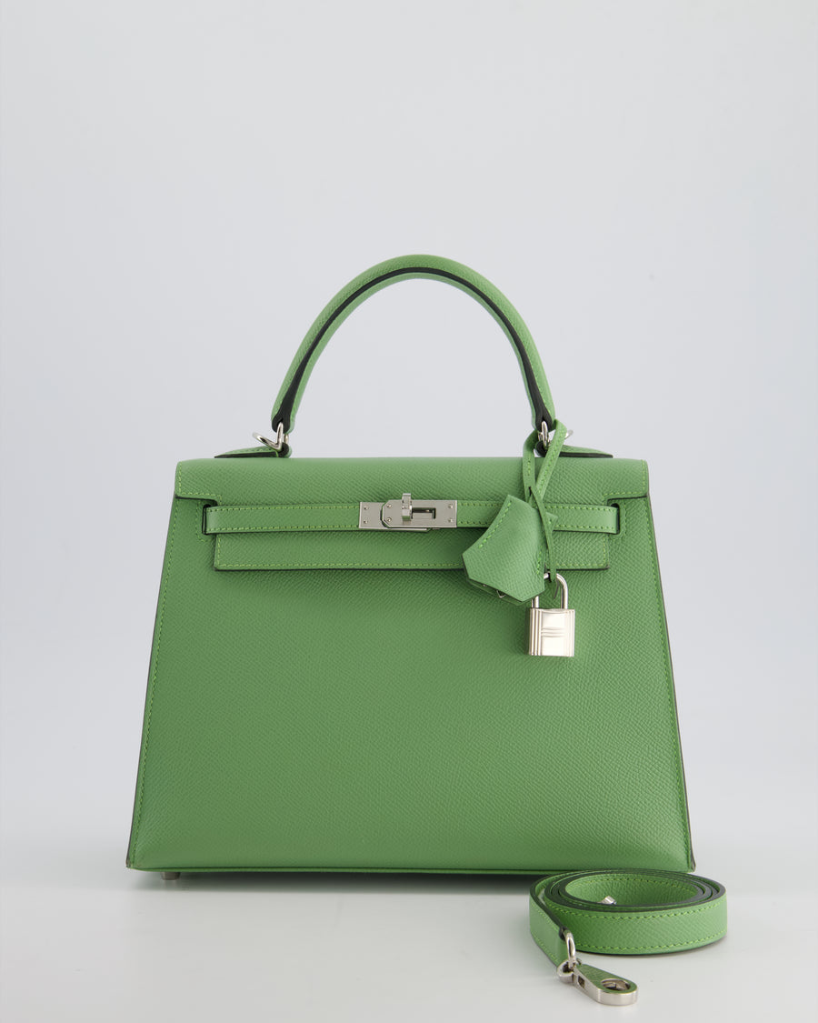 *HOT* Hermes Kelly Sellier 25cm Bag in Vert Criquet Epsom Leather with Palladium Hardware