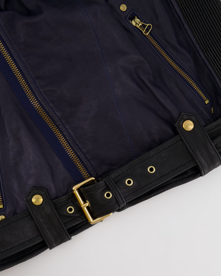 Pierre Balmain Navy and Black Sleeveless Leather Jacket with Gold Button Details Size FR 40 (UK 12)