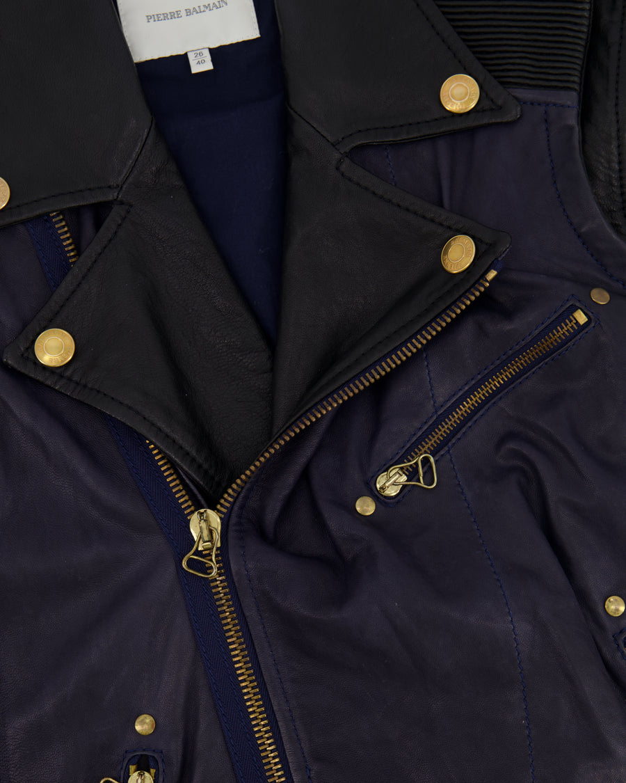 Pierre Balmain Navy and Black Sleeveless Leather Jacket with Gold Button Details Size FR 40 (UK 12)