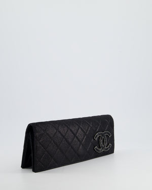 *HOT* Chanel Black Shiny Quilted Long Clutch in Coated Calfskin with Silver Hardware and Crystal CC Detail