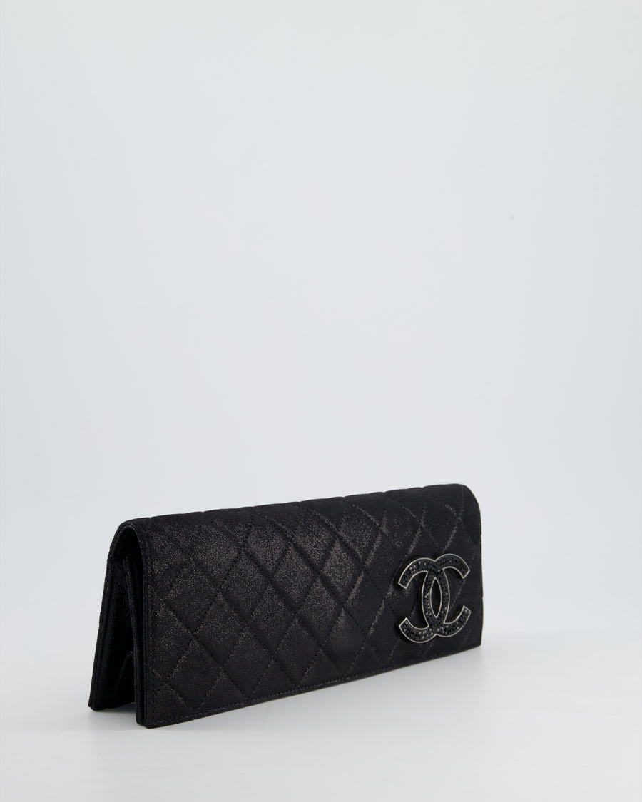 *HOT* Chanel Black Shiny Quilted Long Clutch in Coated Calfskin with Silver Hardware and Crystal CC Detail