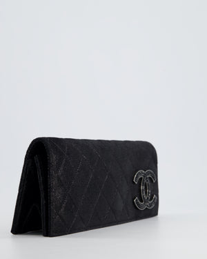 *HOT* Chanel Black Shiny Quilted Long Clutch in Coated Calfskin with Silver Hardware and Crystal CC Detail