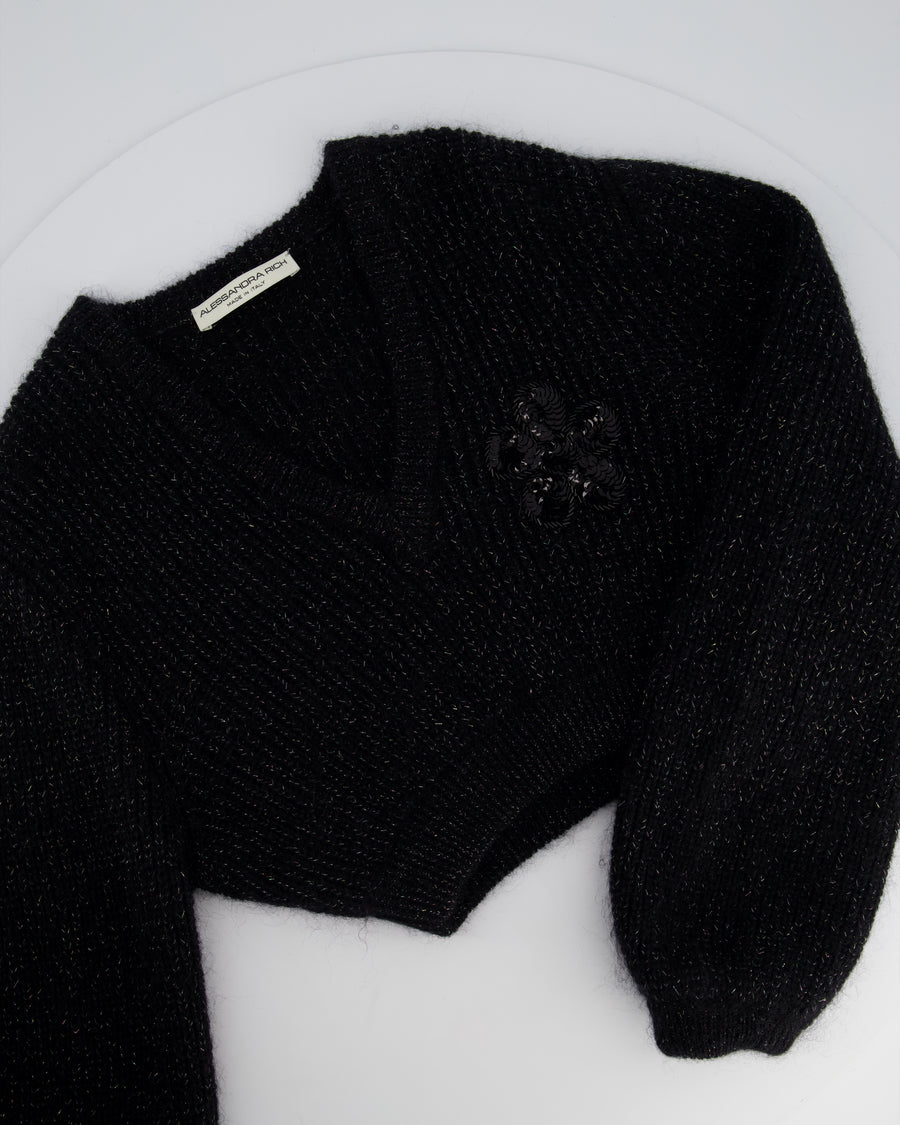 Alessandra Rich Black Mohair Long-Sleeve Cropped Jumper with Embellished Flower Detail IT 40 (UK 8)