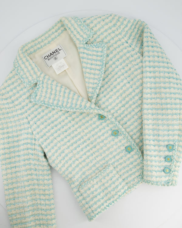 Chanel Vintage 97P Light Blue & White Stripe Tweed Short Blazer with Blue & Gold CC Button Detail Size FR 38 (UK 10)