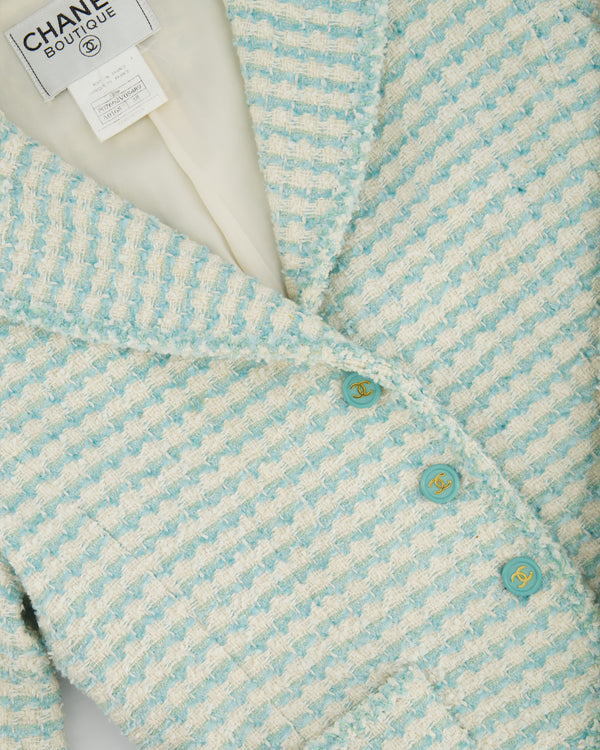 Chanel Vintage 97P Light Blue & White Stripe Tweed Short Blazer with Blue & Gold CC Button Detail Size FR 38 (UK 10)