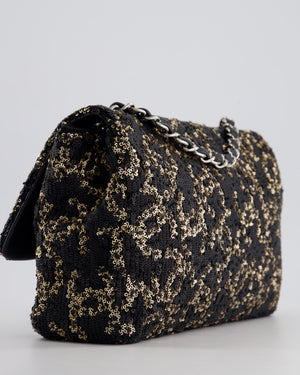 Chanel Black, Gold Sequin CC Logo Medium Flap Bag with Silver Hardware