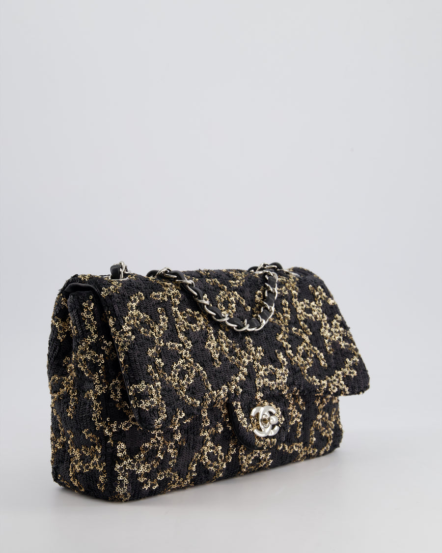 Chanel Black, Gold Sequin CC Logo Medium Flap Bag with Silver Hardware