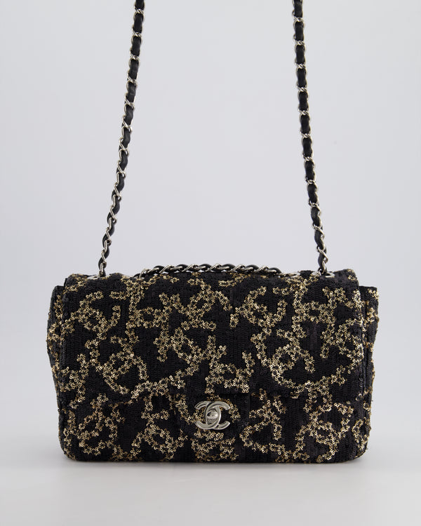 Chanel Black, Gold Sequin CC Logo Medium Flap Bag with Silver Hardware