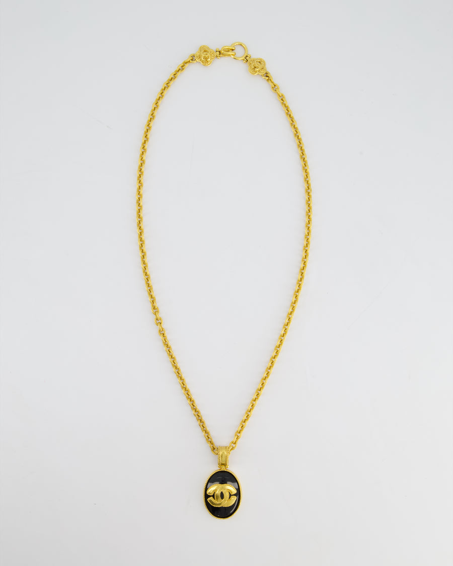 Chanel 96A Vintage Gold and Black Pendant Necklace With CC Detail