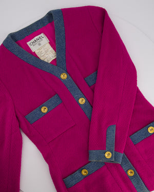 Chanel Fuchsia Pink Tweed Longline Blazer and Mini Skirt Set with Denim Trim & Gold Logo Button Detail Size FR 40 (UK 12)