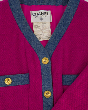 Chanel Fuchsia Pink Tweed Longline Blazer and Mini Skirt Set with Denim Trim & Gold Logo Button Detail Size FR 40 (UK 12)