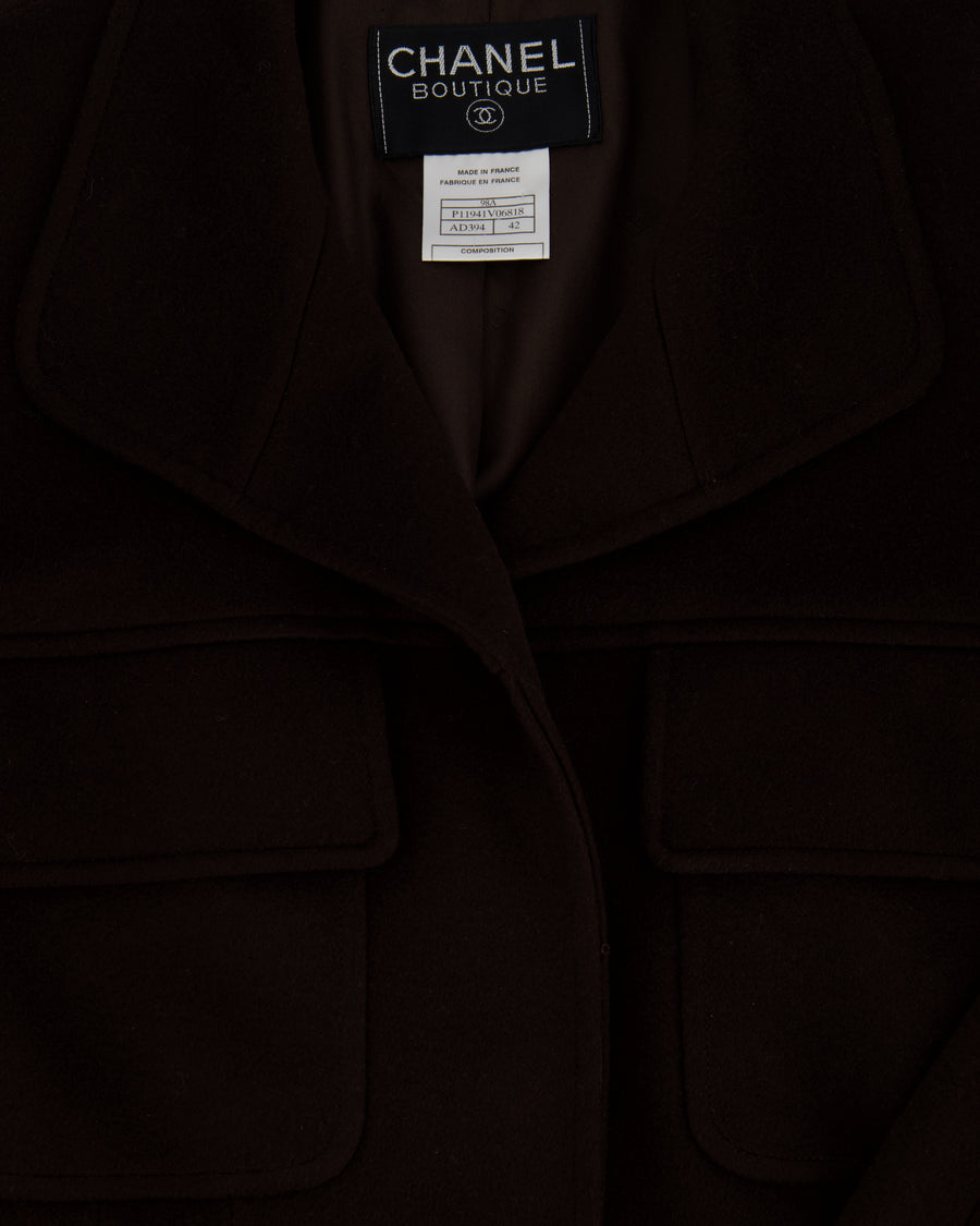 Chanel 98A Brown Cashmere Coat With Shoulder Pads and Pocket Details FR 42 (UK 14)