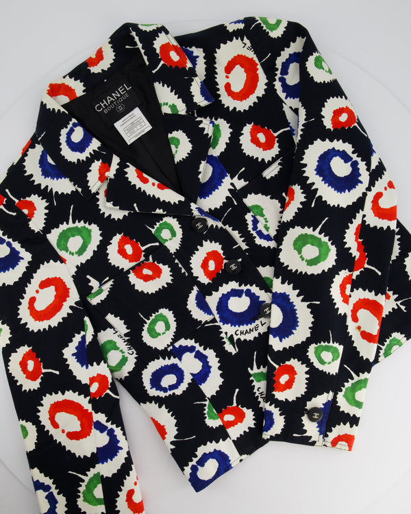 Chanel 97S Black Cropped Cotton Twill Jacket With Multi-Colour Abstract Print Detail FR 42 (UK 14)