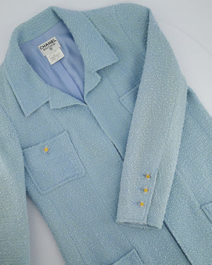 Chanel 97C Light Blue Tweed Longline Blazer and Midi Dress Set with Perspex & Gold CC Button Detail Size FR 40 (UK 12)