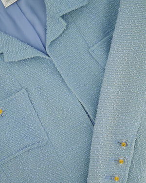 Chanel 97C Light Blue Tweed Longline Blazer and Midi Dress Set with Perspex & Gold CC Button Detail Size FR 40 (UK 12)