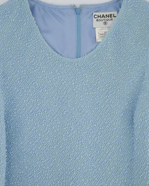 Chanel 97C Light Blue Tweed Longline Blazer and Midi Dress Set with Perspex & Gold CC Button Detail Size FR 40 (UK 12)