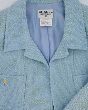 Chanel 97C Light Blue Tweed Longline Blazer and Midi Dress Set with Perspex & Gold CC Button Detail Size FR 40 (UK 12)