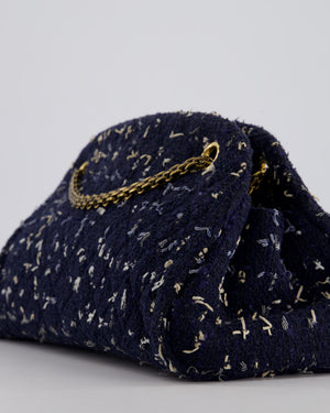 Chanel Navy Blue & White Tweed Mademoiselle Shoulder Bag With Antique Gold Hardware