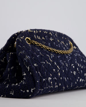 Chanel Navy Blue & White Tweed Mademoiselle Shoulder Bag With Antique Gold Hardware