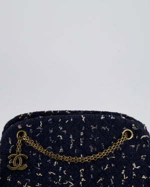 Chanel Navy Blue & White Tweed Mademoiselle Shoulder Bag With Antique Gold Hardware