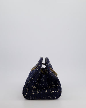 Chanel Navy Blue & White Tweed Mademoiselle Shoulder Bag With Antique Gold Hardware