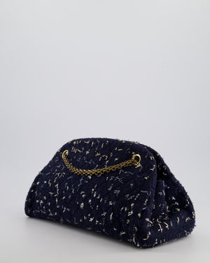 Chanel Navy Blue & White Tweed Mademoiselle Shoulder Bag With Antique Gold Hardware