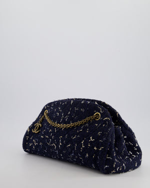 Chanel Navy Blue & White Tweed Mademoiselle Shoulder Bag With Antique Gold Hardware