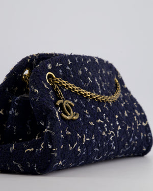 Chanel Navy Blue & White Tweed Mademoiselle Shoulder Bag With Antique Gold Hardware