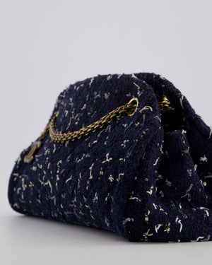 Chanel Navy Blue & White Tweed Mademoiselle Shoulder Bag With Antique Gold Hardware