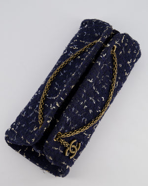 Chanel Navy Blue & White Tweed Mademoiselle Shoulder Bag With Antique Gold Hardware