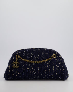 Chanel Navy Blue & White Tweed Mademoiselle Shoulder Bag With Antique Gold Hardware