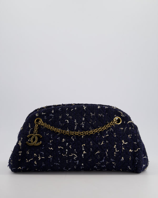 Chanel Navy Blue & White Tweed Mademoiselle Shoulder Bag With Antique Gold Hardware