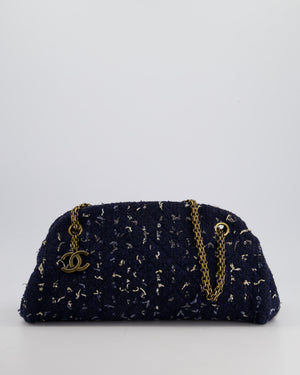 Chanel Navy Blue & White Tweed Mademoiselle Shoulder Bag With Antique Gold Hardware