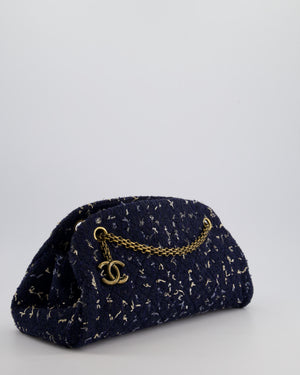 Chanel Navy Blue & White Tweed Mademoiselle Shoulder Bag With Antique Gold Hardware