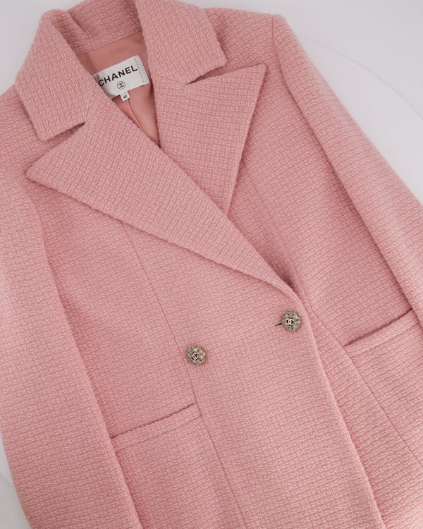 *HOT* Chanel 22K Light Pink Double Breasted Tweed Jacket with Crystal CC Buttons Size FR 40 (UK 12)