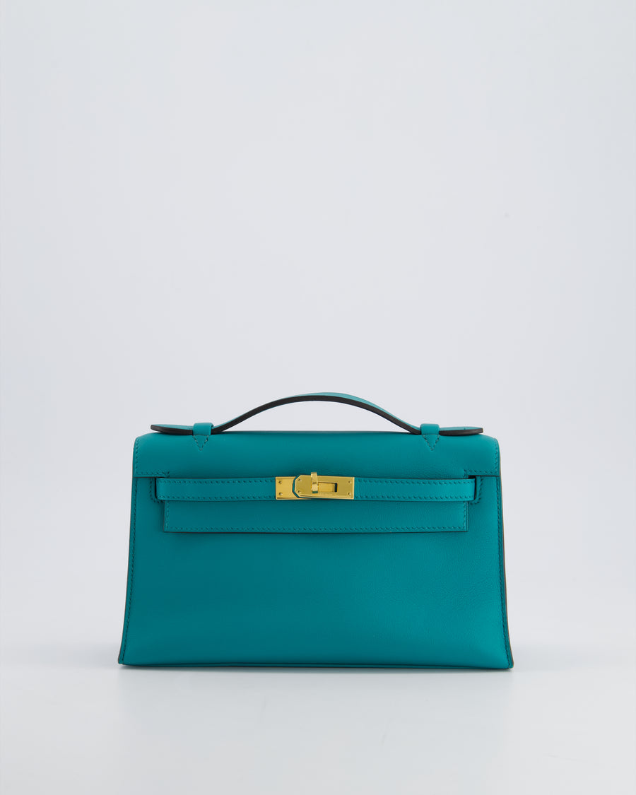 *HOT* Hermès Kelly Pochette in Bleu Paon Swift Leather with Gold Hardware