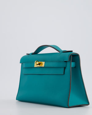 *HOT* Hermès Kelly Pochette in Bleu Paon Swift Leather with Gold Hardware