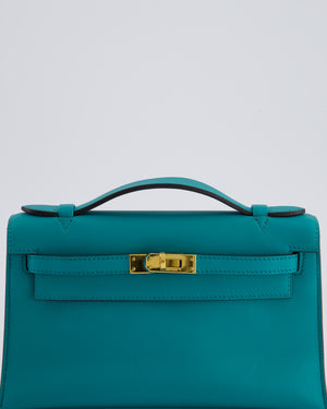 *HOT* Hermès Kelly Pochette in Bleu Paon Swift Leather with Gold Hardware