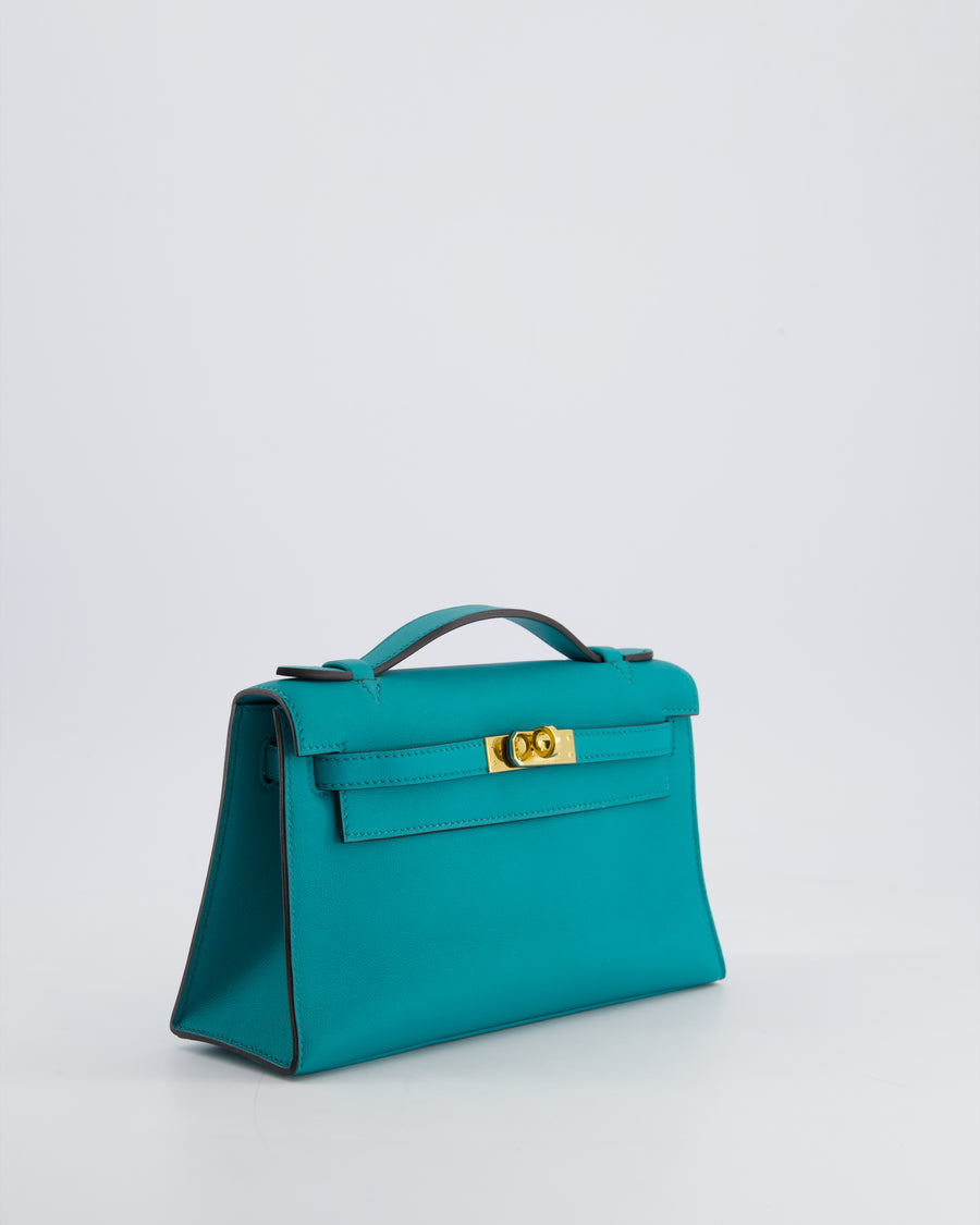 *HOT* Hermès Kelly Pochette in Bleu Paon Swift Leather with Gold Hardware