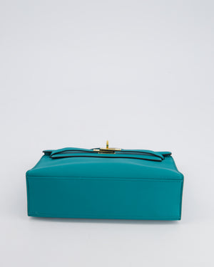 *HOT* Hermès Kelly Pochette in Bleu Paon Swift Leather with Gold Hardware