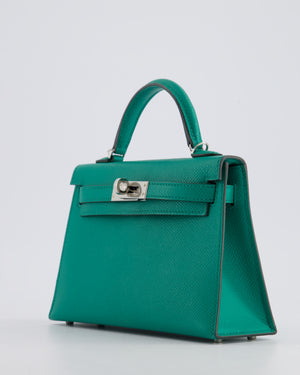 Hermès Mini Kelly II 20cm Bag in Vert Jade Epsom Leather with Palladium Hardware & Wool Bicolour Strap